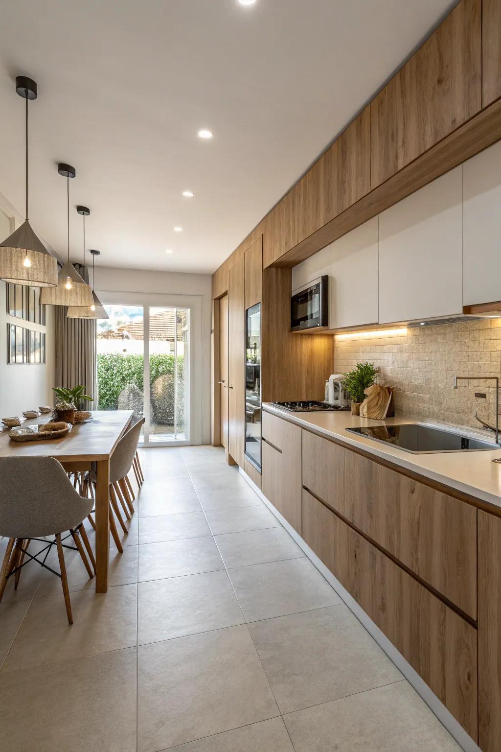 Visual continuity in a one-wall kitchen with matching materials.