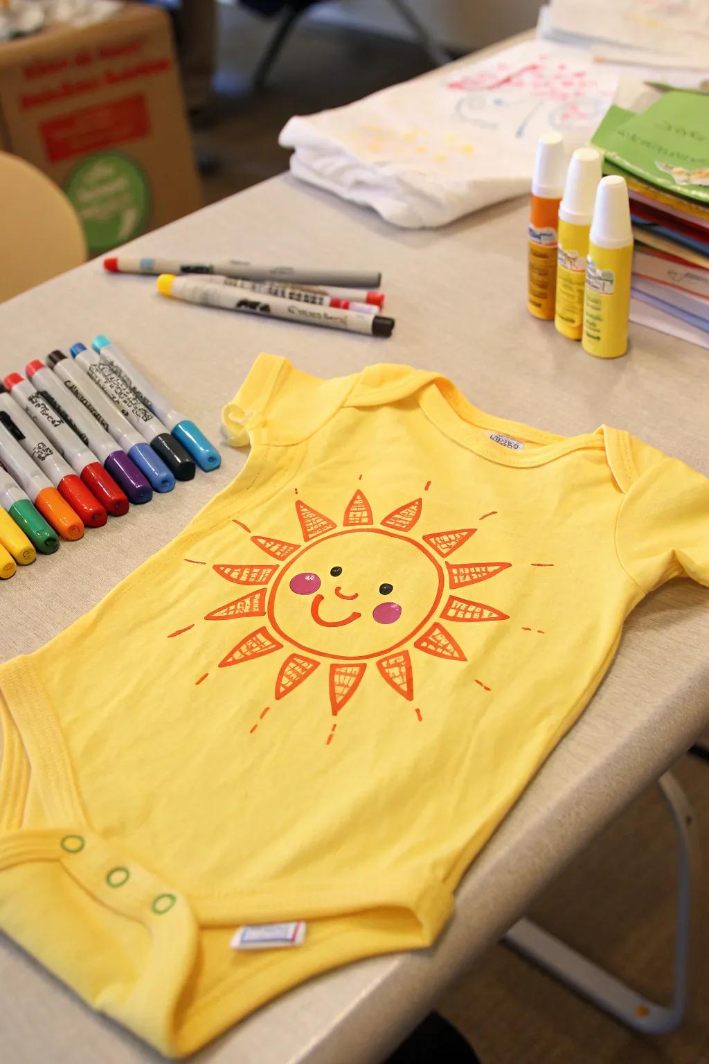 A creatively decorated onesie using fabric markers.