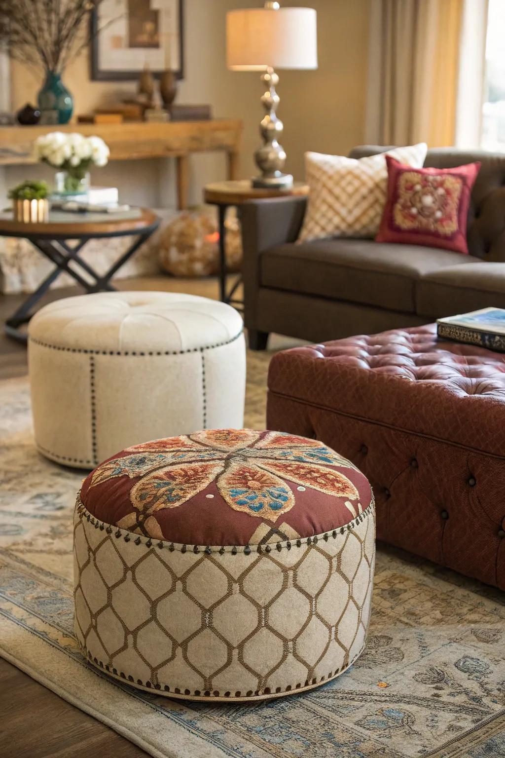 An eclectic mix of ottoman styles creates a dynamic living room.