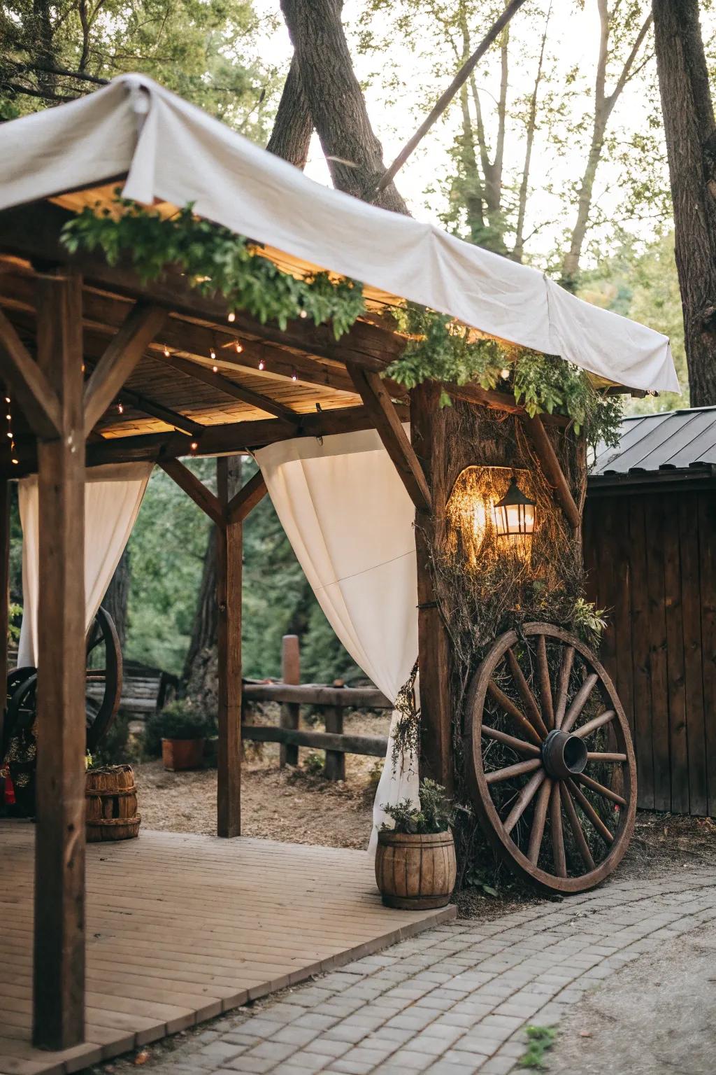 A wagon wheel canopy adds nostalgic charm and ample shade.