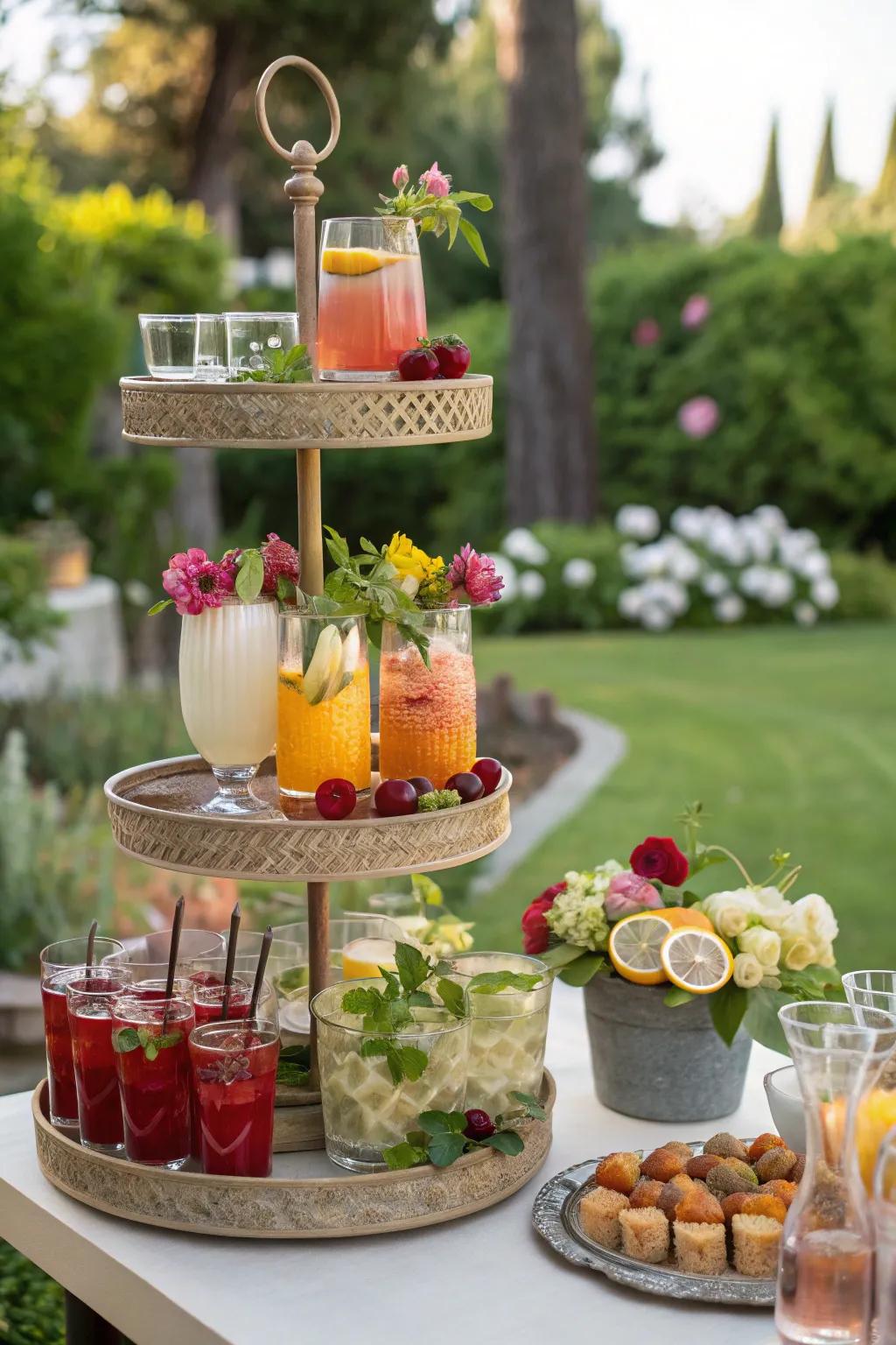 A tiered display stand elegantly organizes drinks and garnishes.