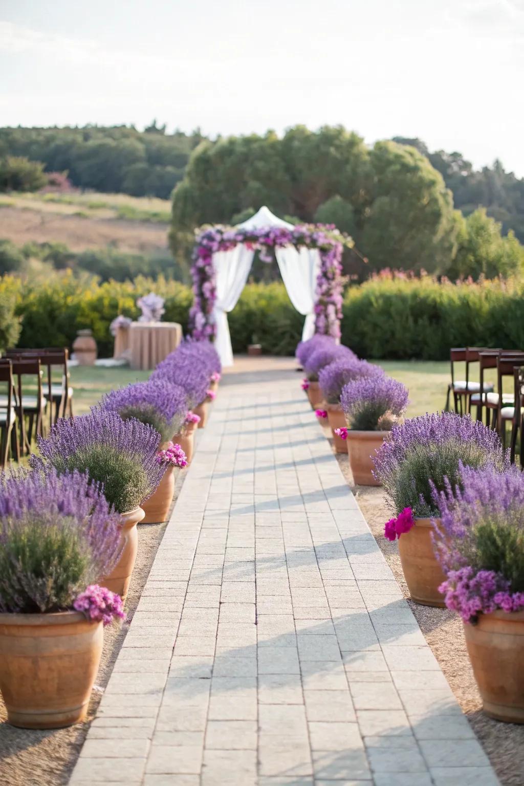 Potted plants create a living aisle that guests can take home.