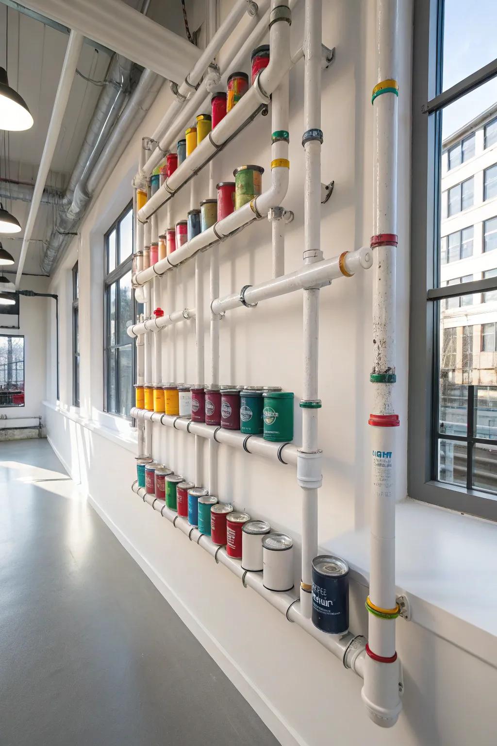 PVC pipes used to organize paint cans in a modern art studio.