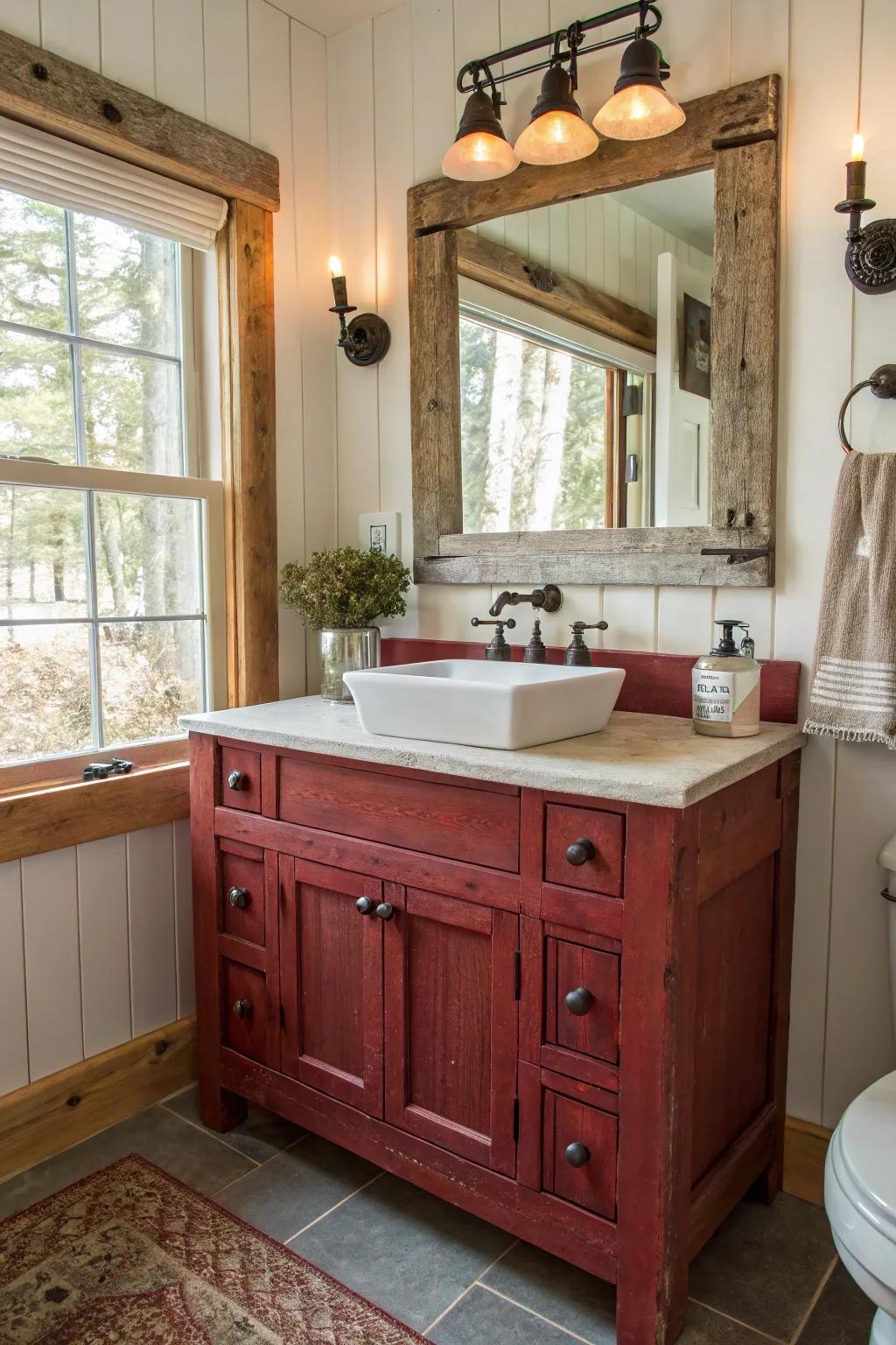 Barn red vanities offer rustic farmhouse charm.