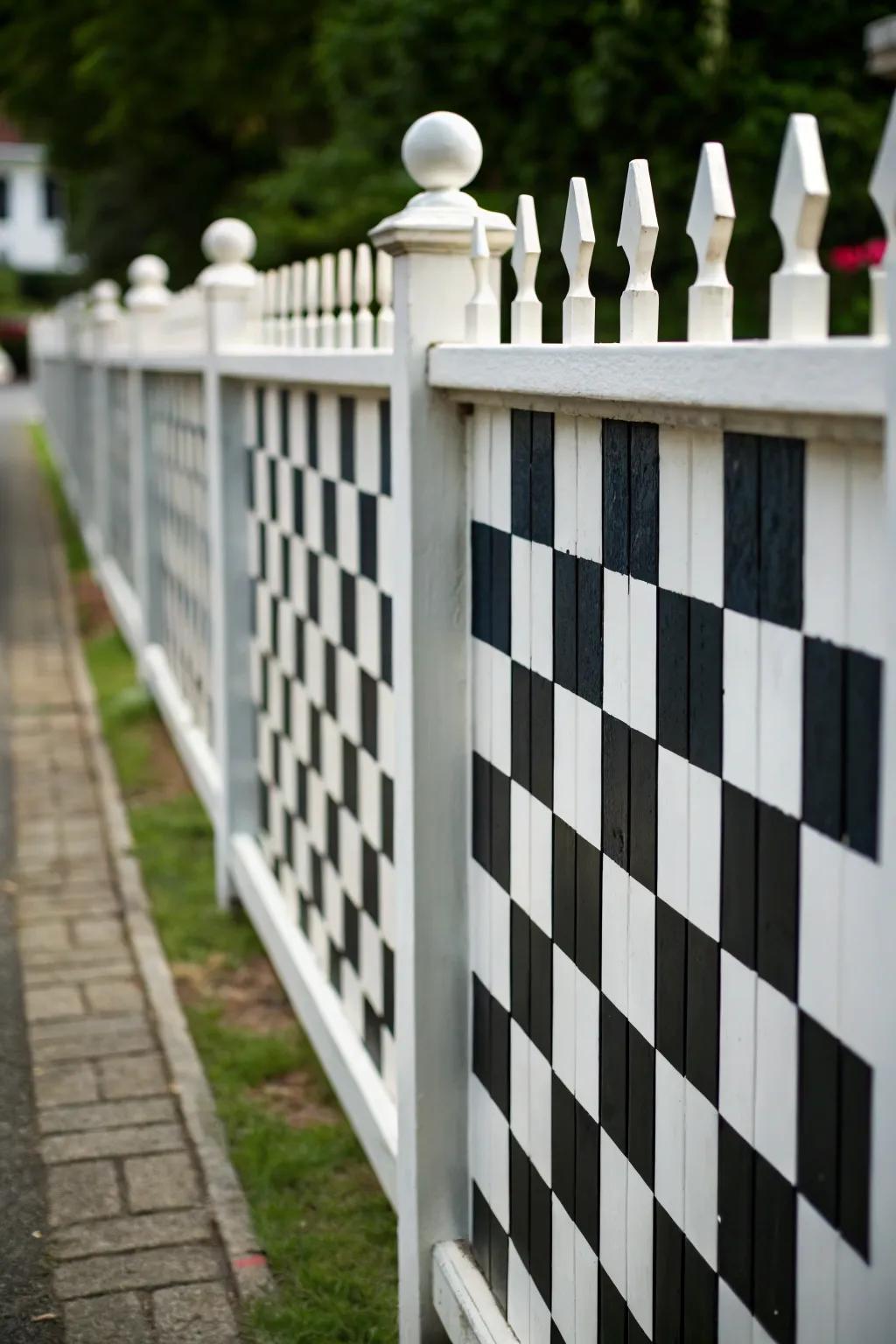 A playful picket fence with a bold checkerboard design.