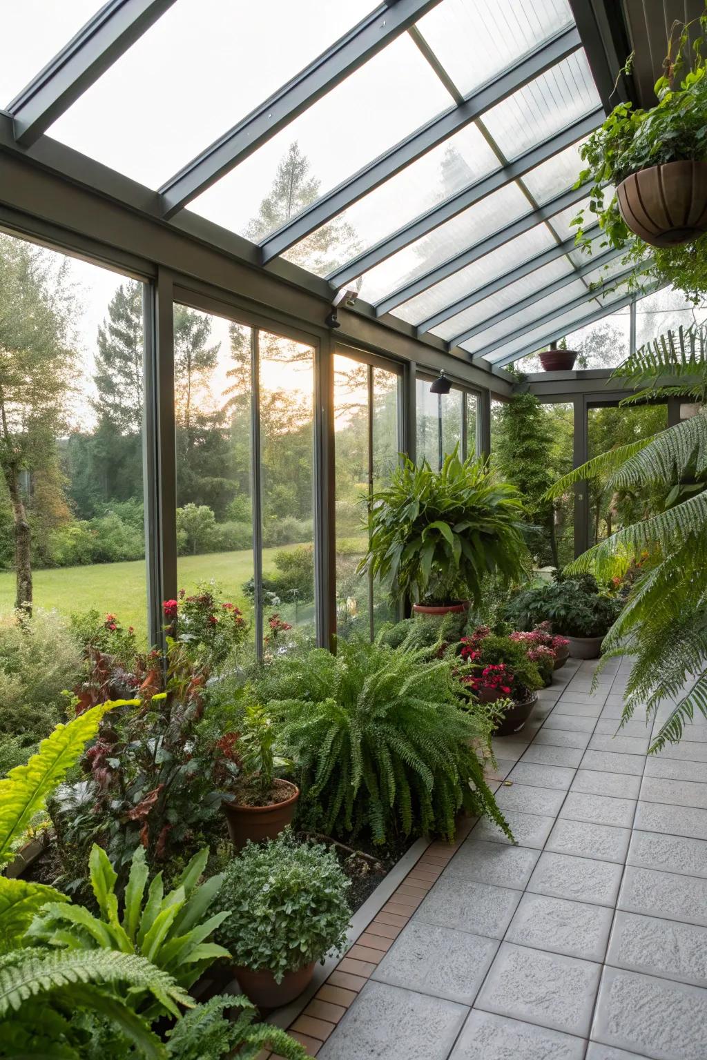 Create a lush greenhouse retreat in your patio enclosure.