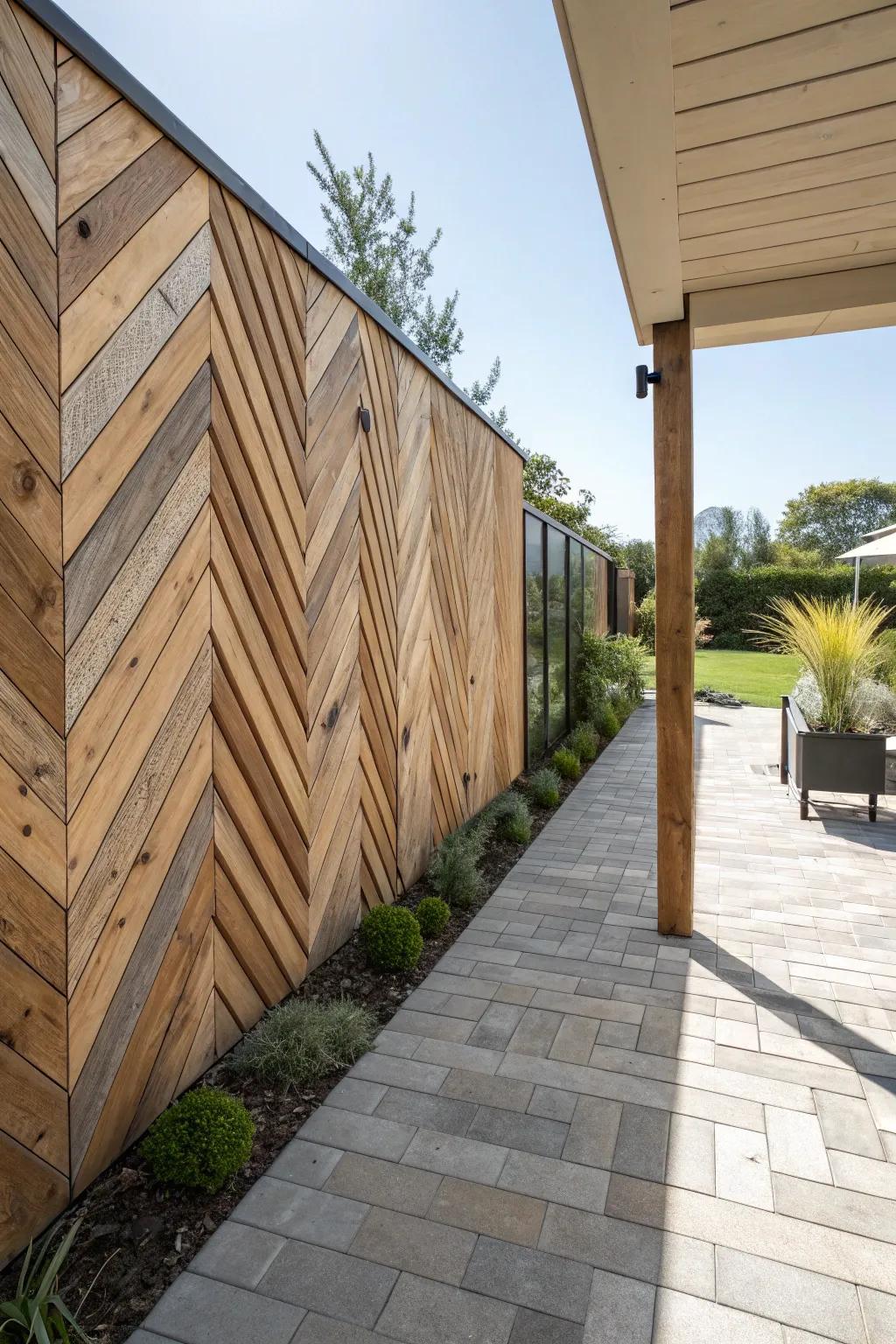 A patio wall with a striking chevron wood pattern.