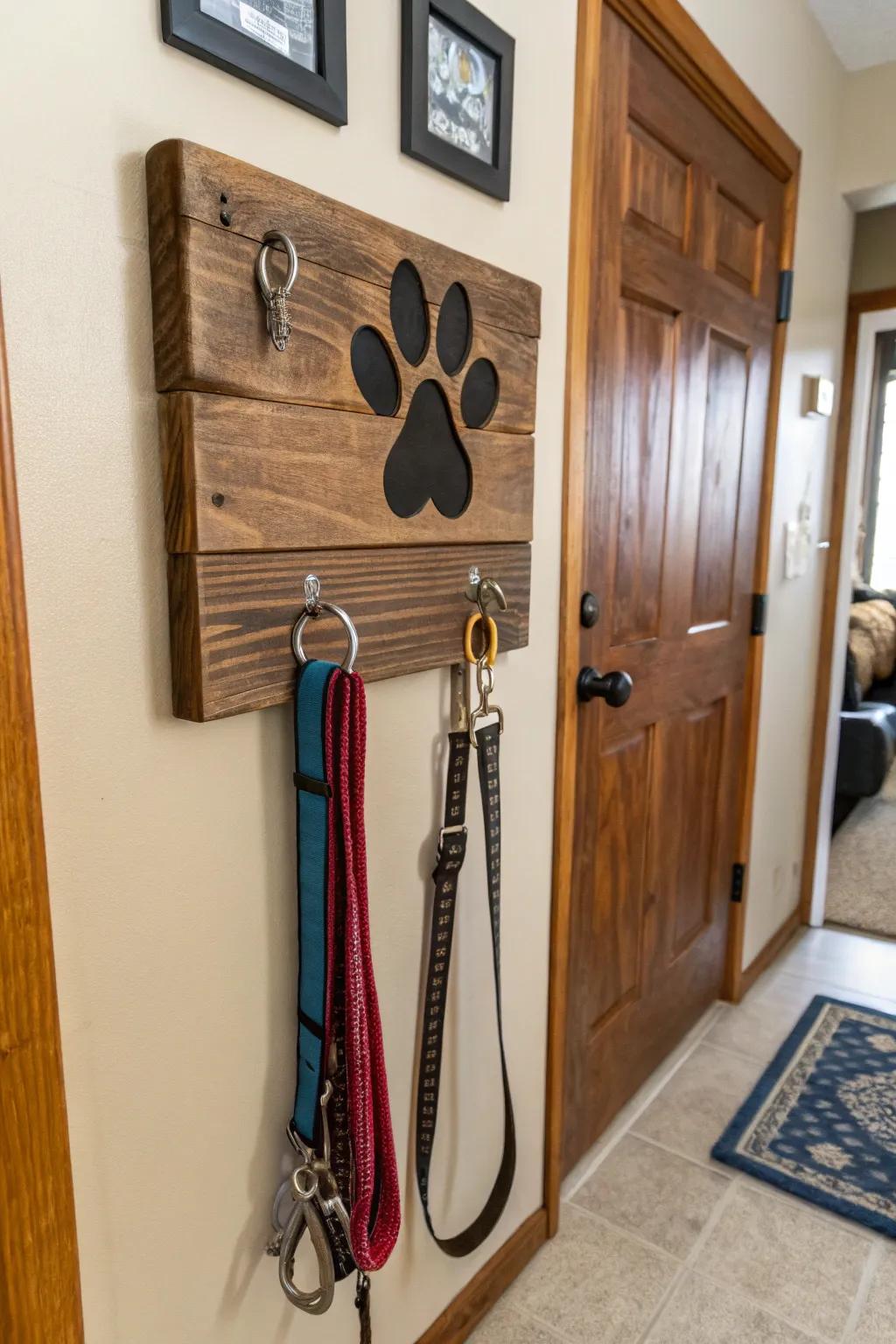 A personalized leash holder with a paw print design.