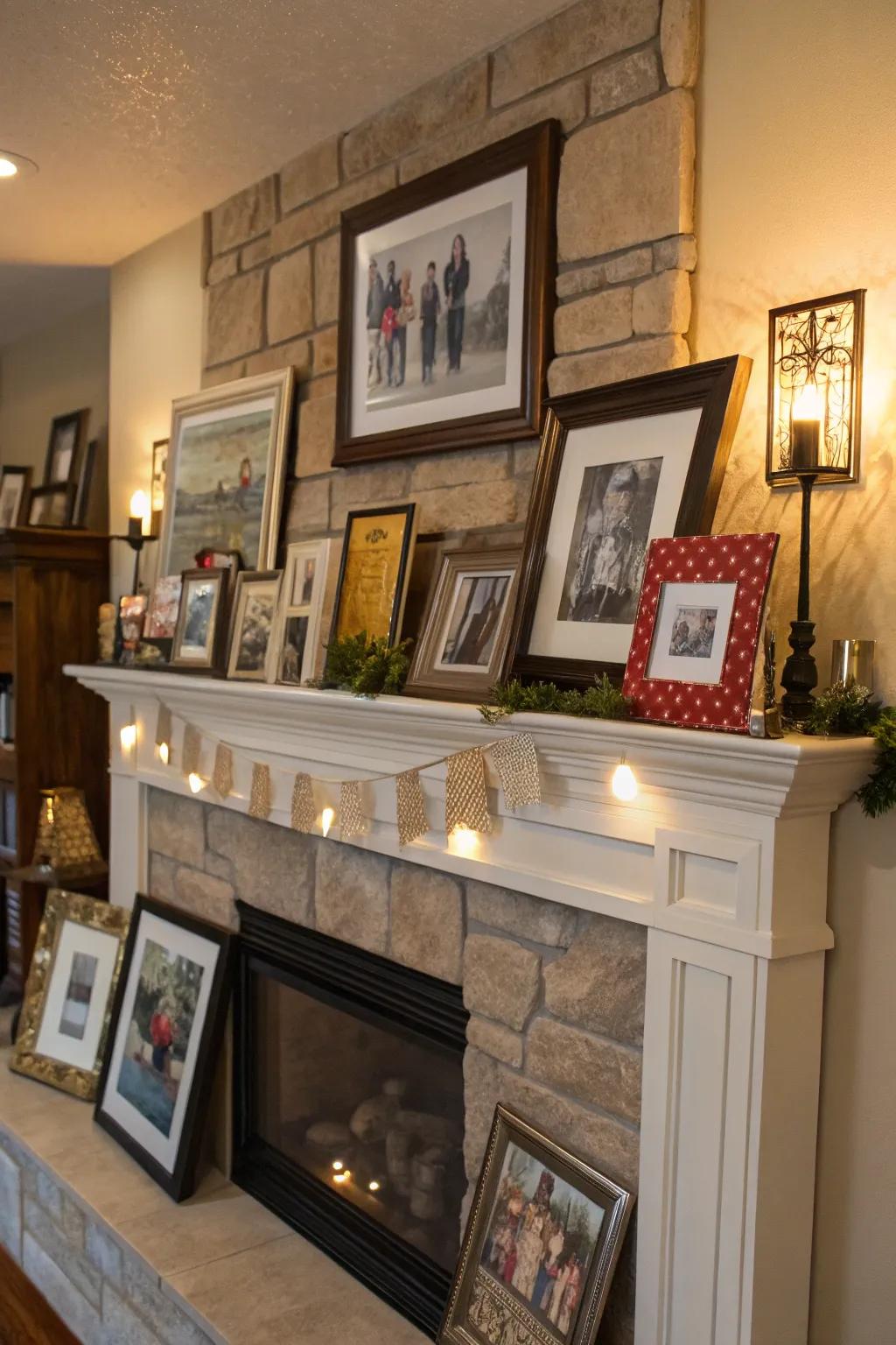 Picture wall styled on a mantel with layered decor.