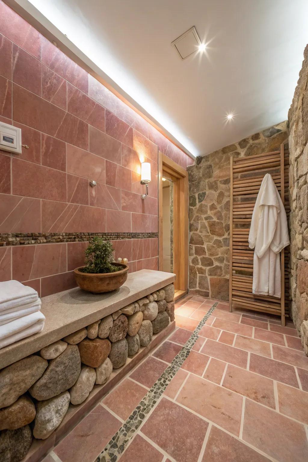 An organic blend of earthy pink tiles with natural stone.