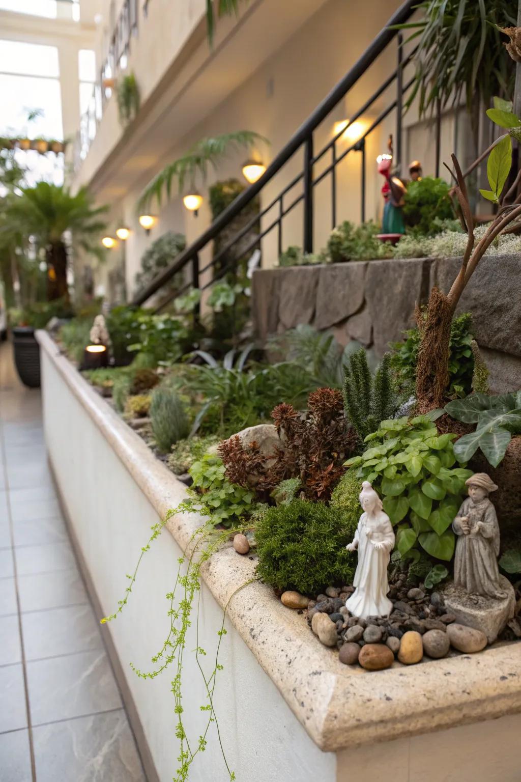 Small sculptures add an artistic touch to this plant ledge.