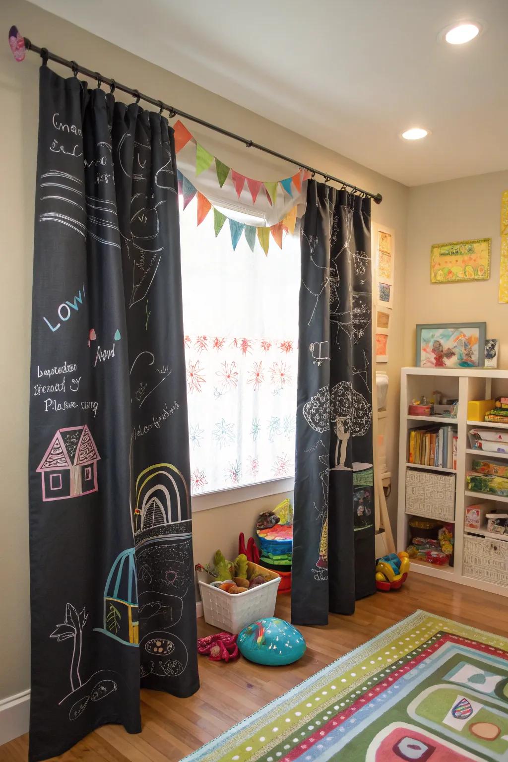 Chalkboard fabric curtains allow for creative expression.