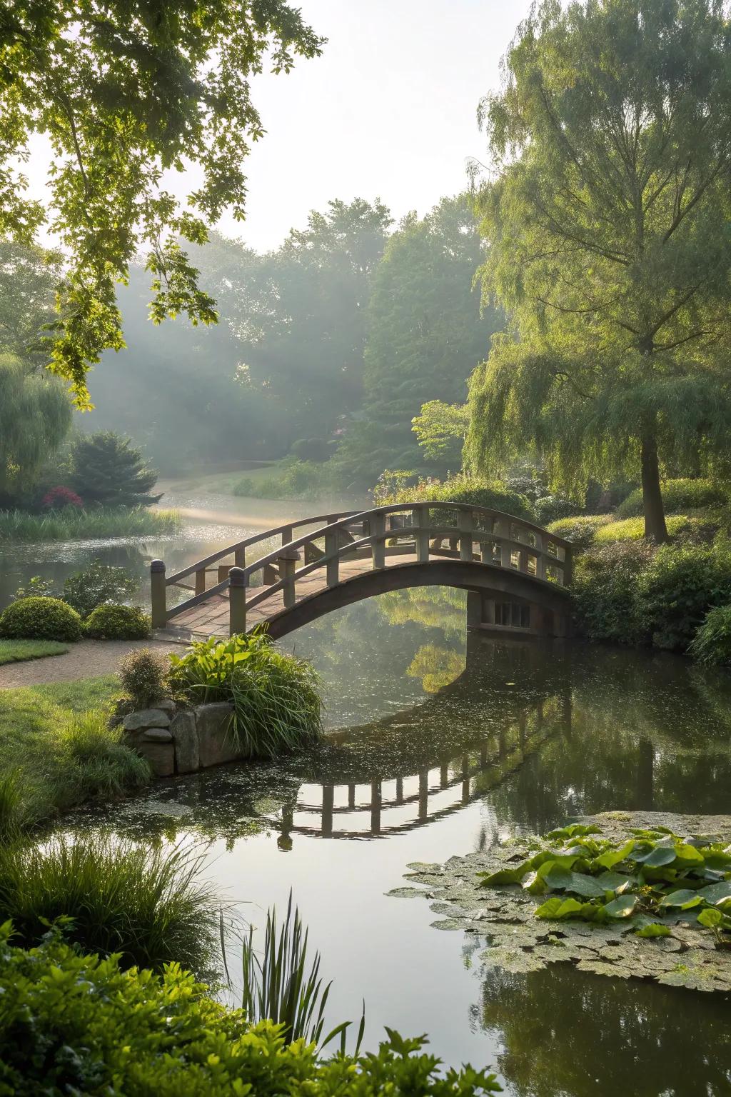 A bridge over the pond creates a charming and picturesque focal point.