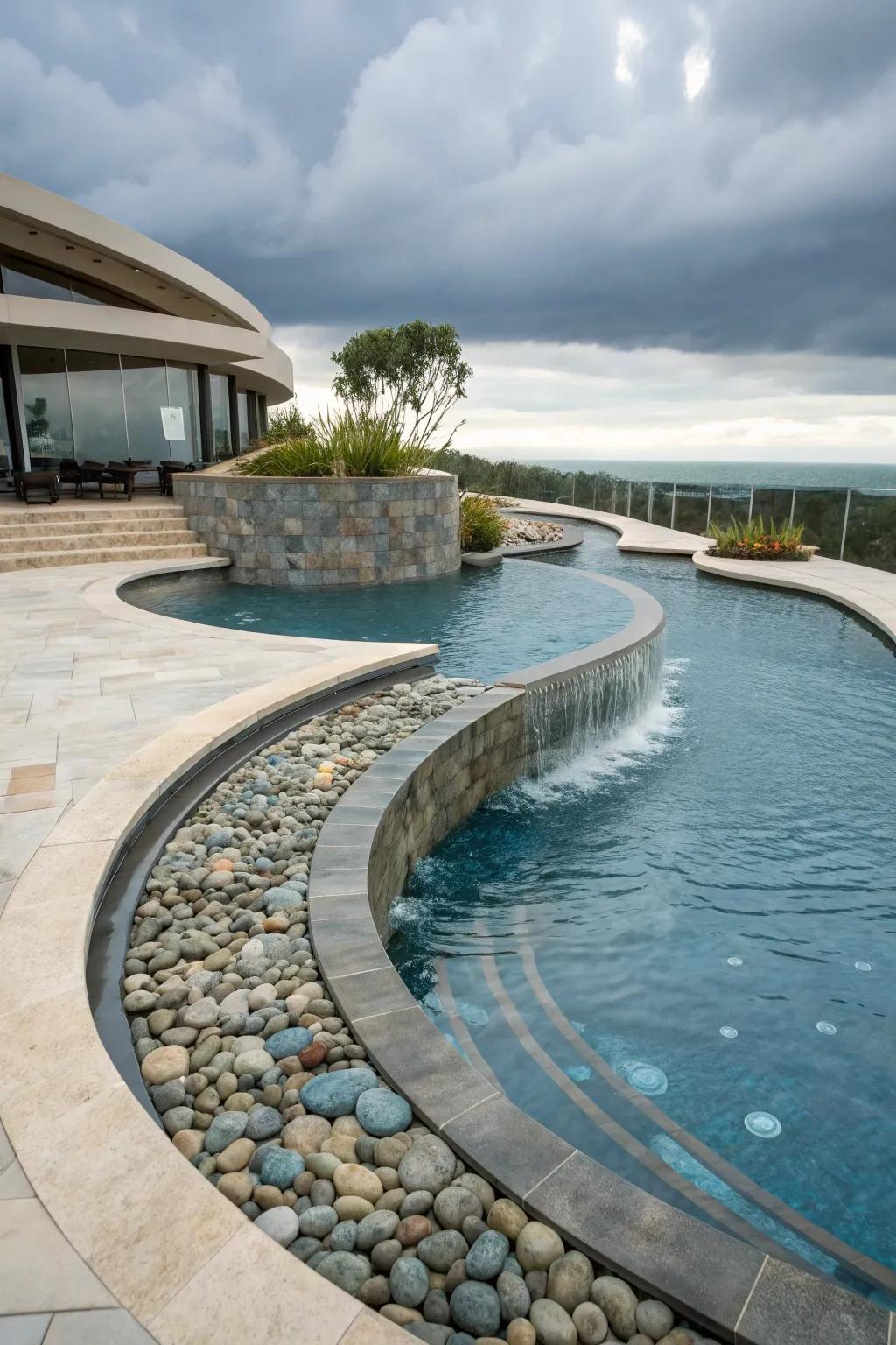 Curved coping designs add a dynamic flow to pool edges.