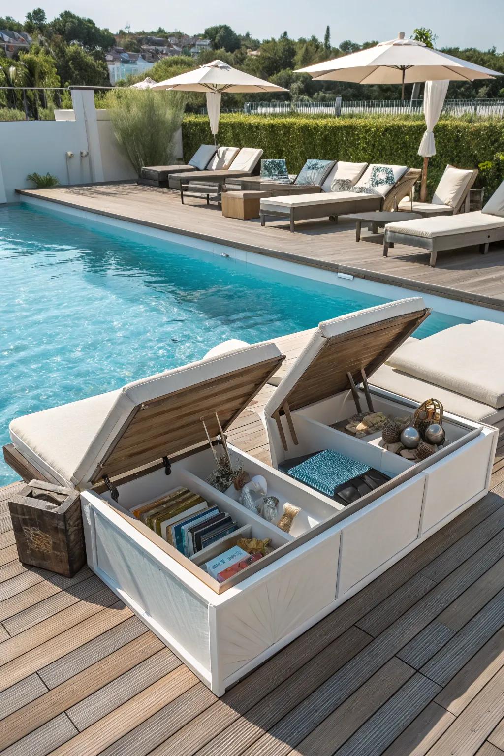 Tidy and organized with hidden storage in pool deck furniture.