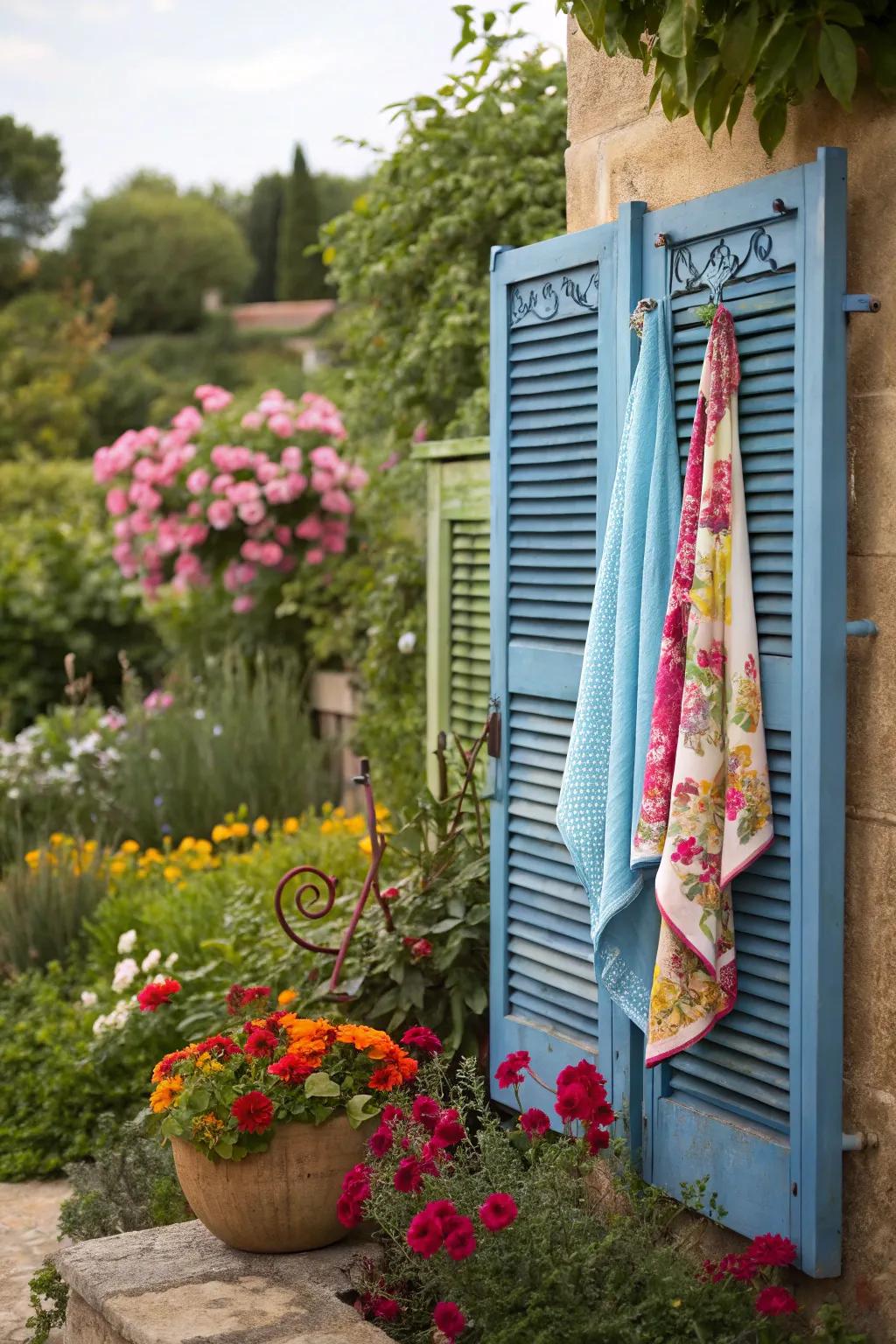 An upcycled shutter adds a rustic vibe to towel storage.