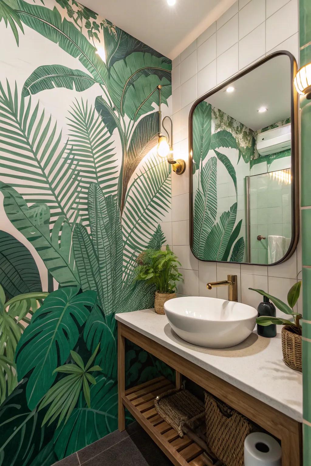 Tropical patterns create a refreshing and exotic atmosphere.