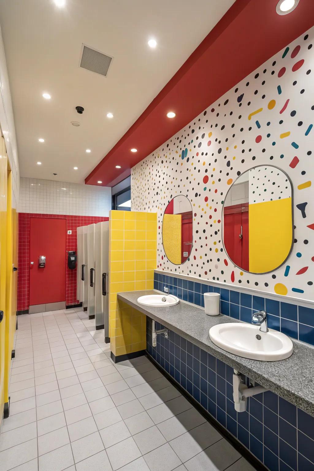 Vibrant color schemes add personality to public bathroom designs.