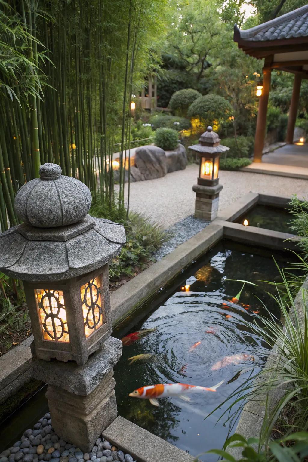 A serene Japanese-style raised koi pond for tranquility.