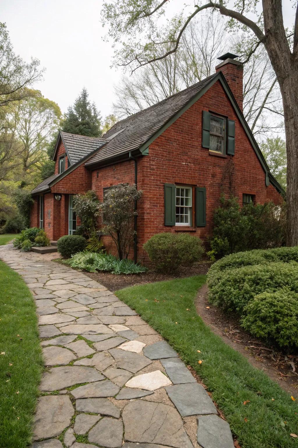 An inviting stone pathway complements this red brick house.