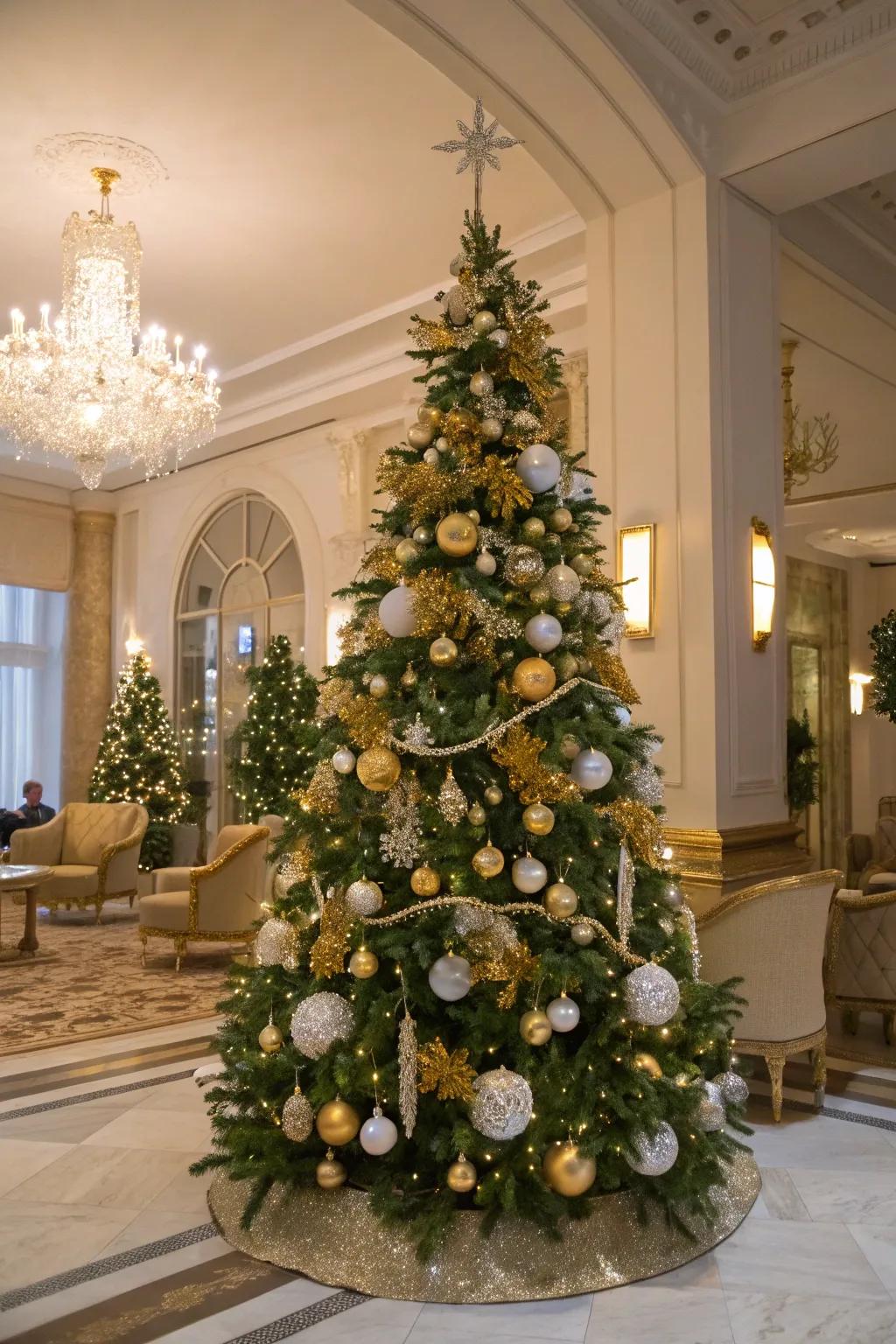 A gold and white garland adds glamour to the festive tree.