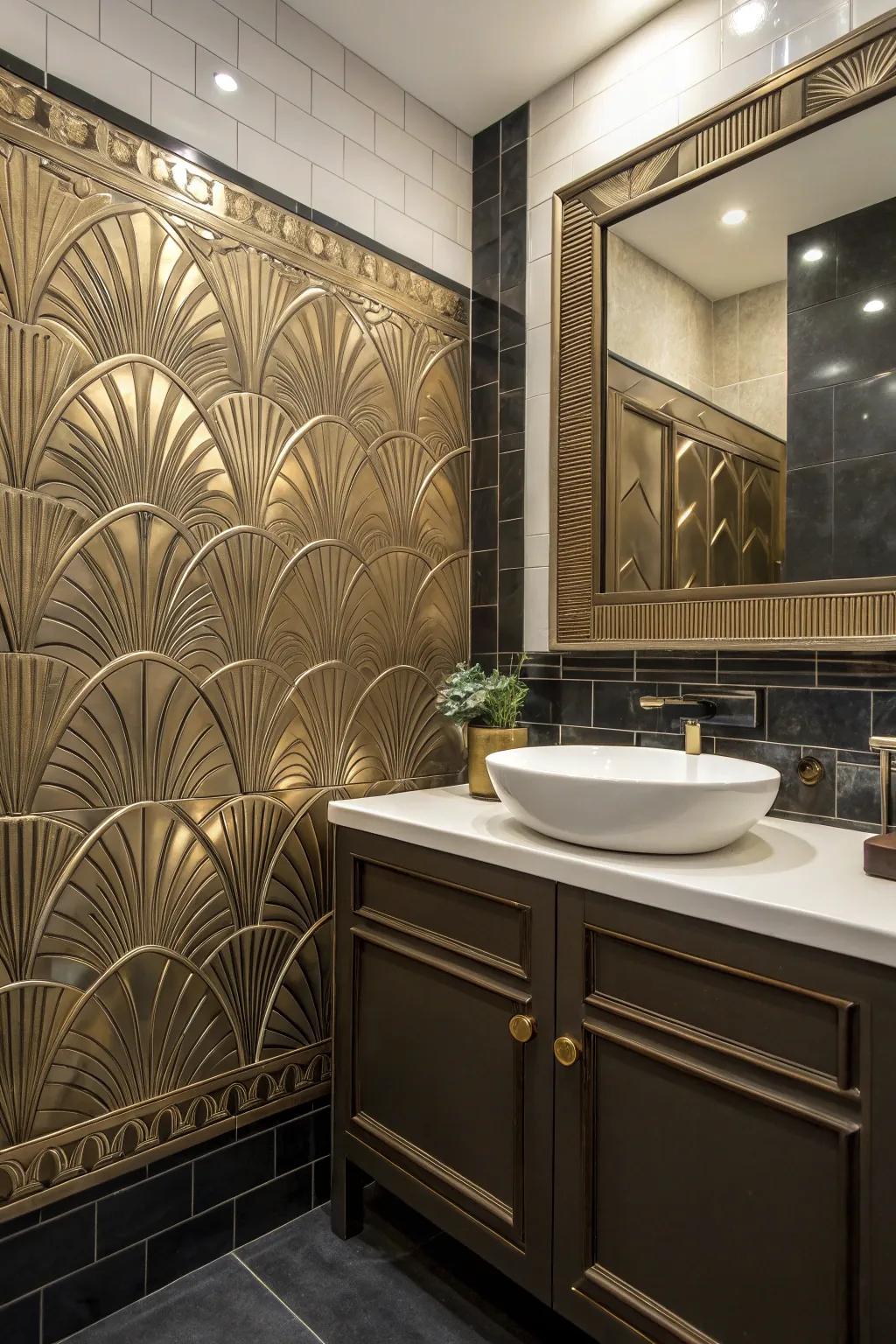 Art Deco tiles add a glamorous touch to the bathroom.