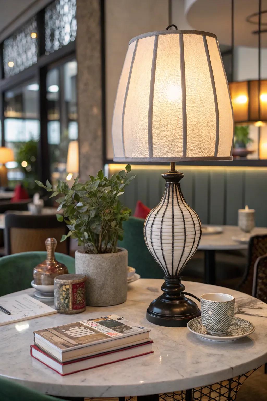 Modern twist lantern-style table lamp on a restaurant table with eclectic decor.