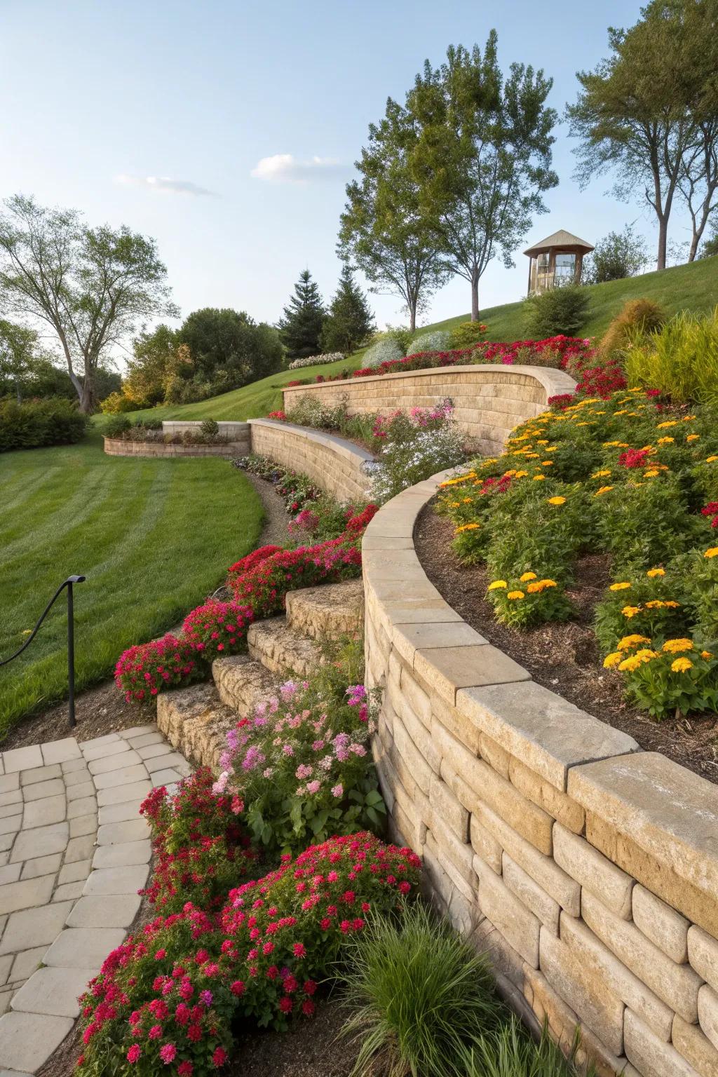 Curved retaining walls add dynamic flow to the landscape.