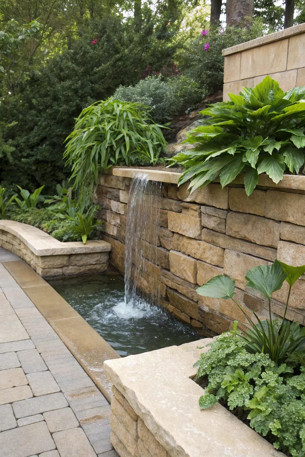 A waterfall feature adds tranquility and beauty to retaining walls.