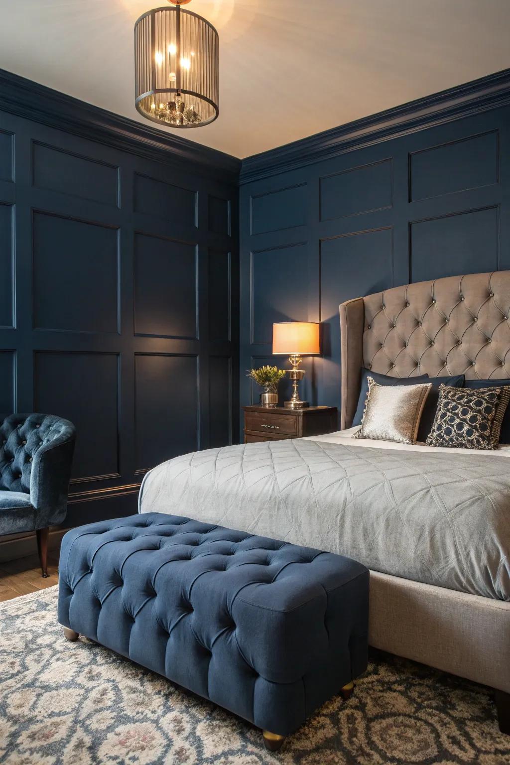 Tufted furniture adds classic luxury to a cozy navy blue room.