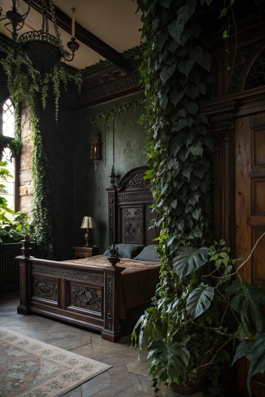 Dark foliage plants introduce a refreshing gothic twist to the decor.