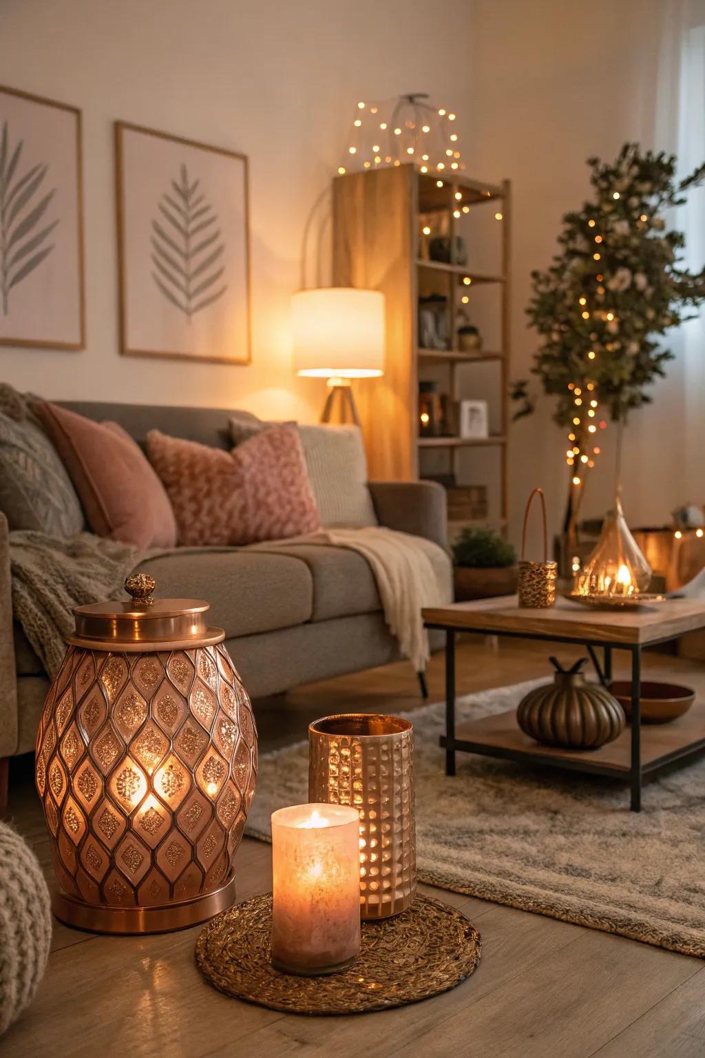 Warm ambient lighting with a rose gold finish creates a cozy atmosphere.