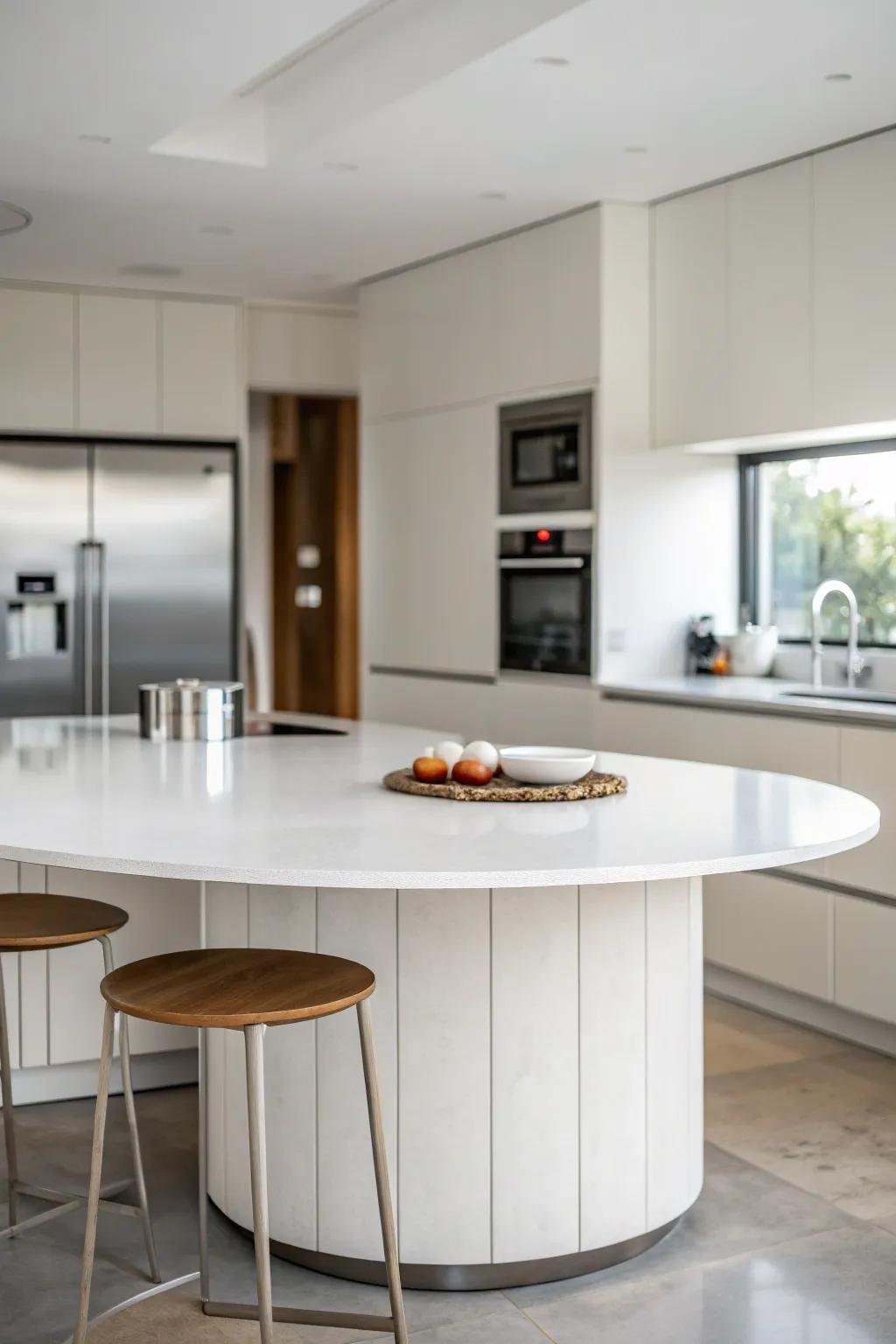 Minimalist design with sleek lines creates a serene kitchen atmosphere.