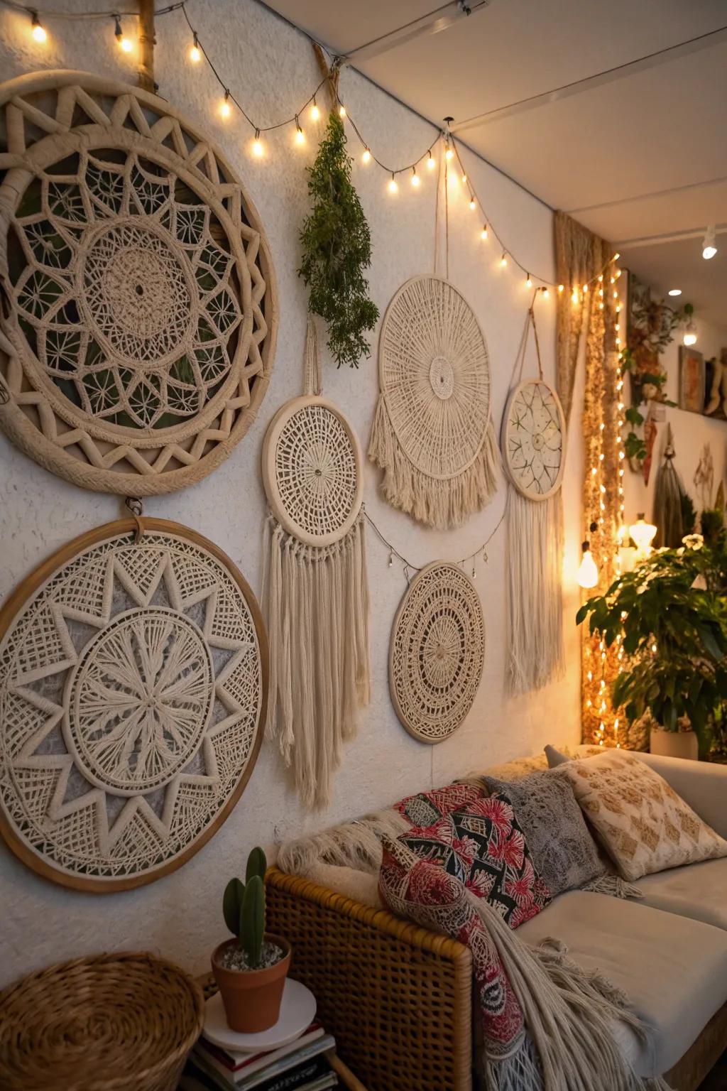 Bohemian-style room with round macramé wall hangings adding texture.