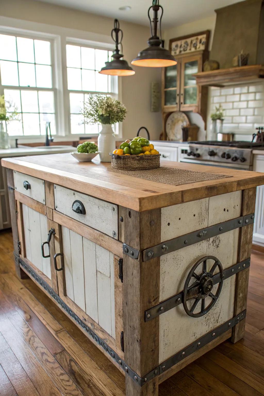 A farmhouse kitchen island featuring distressed metal accents for an industrial touch.