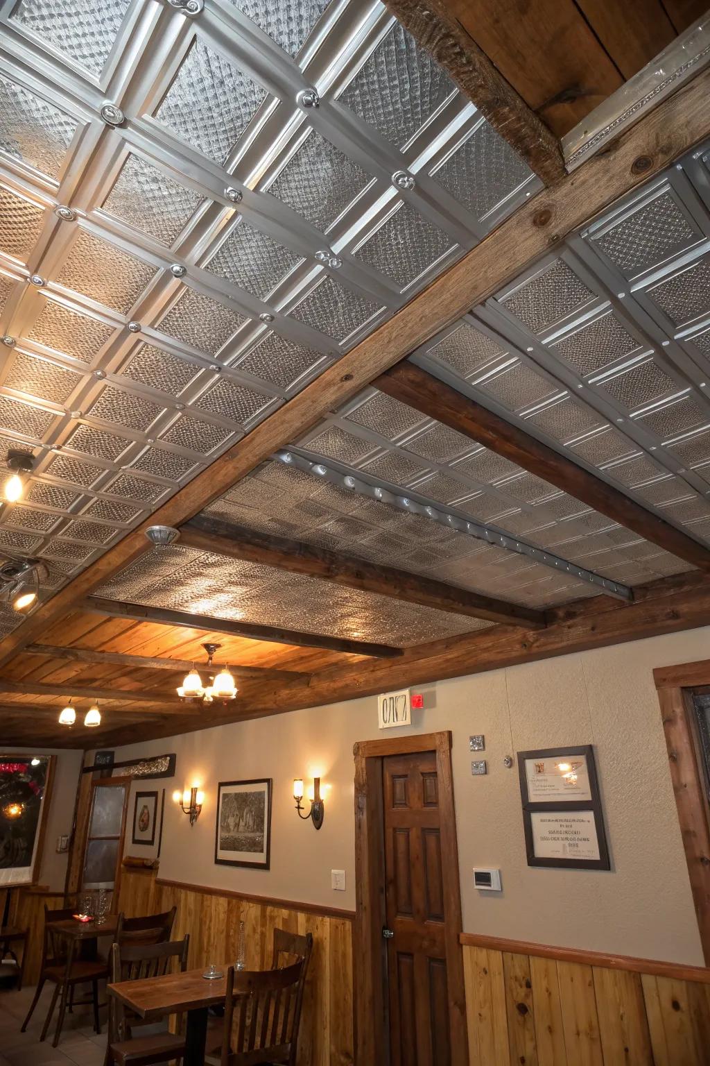 Unique ceiling design featuring tin and wood panels adds character.