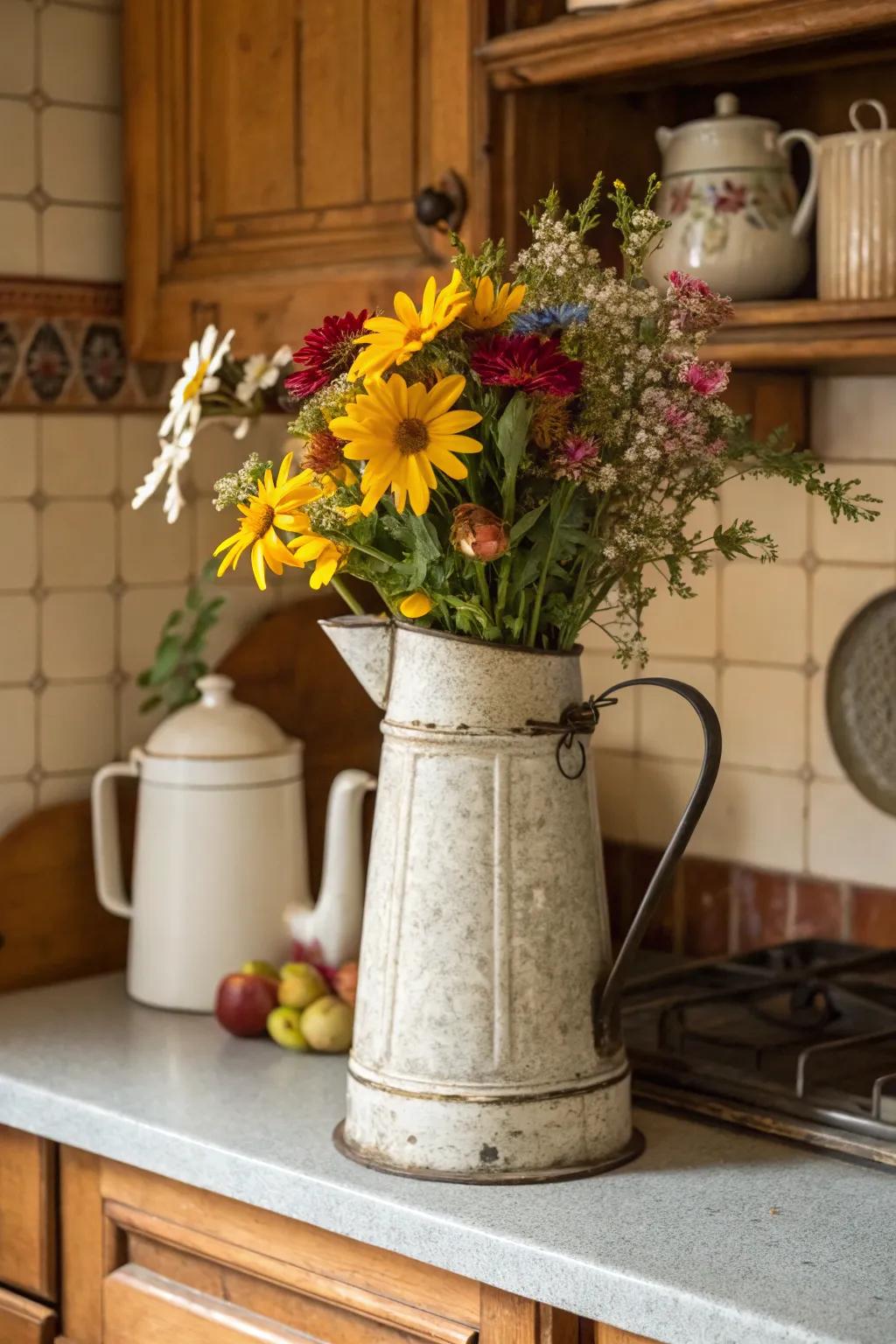 Antique coffee pots offer a charming and unique vase option.