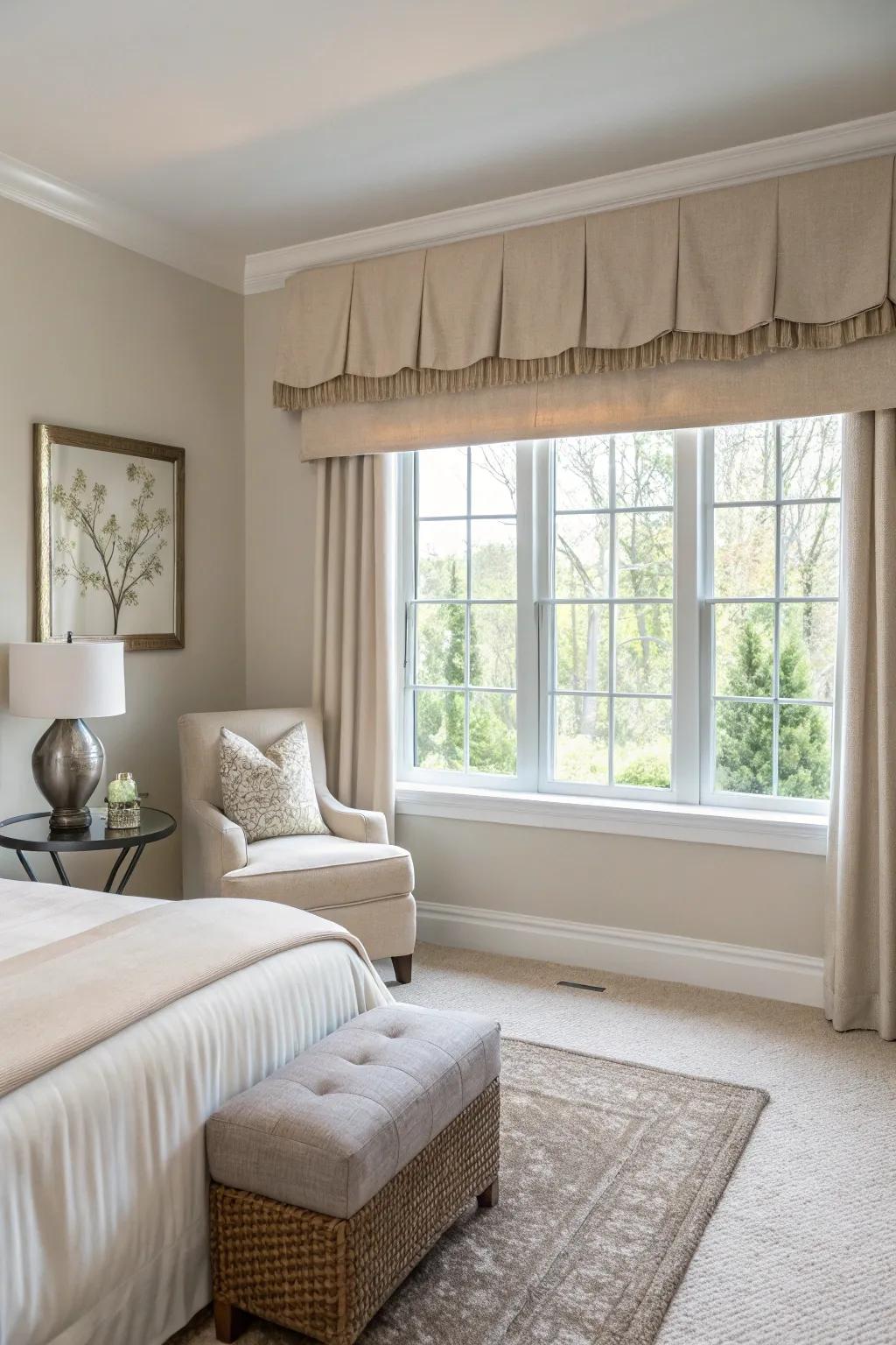 A minimalist guest room enhanced by a simple canvas valance.