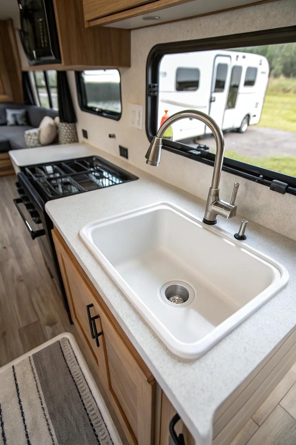 A single basin sink offering simplicity in an RV kitchen.