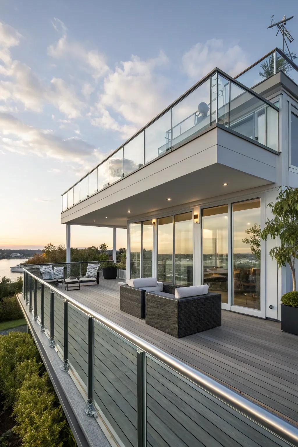 A floating deck design that offers a sleek, modern aesthetic.