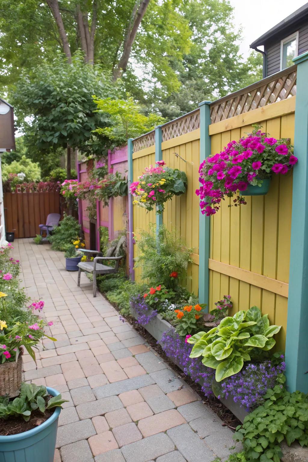 Planters on a fence create a dynamic living wall, enhancing privacy with natural beauty.