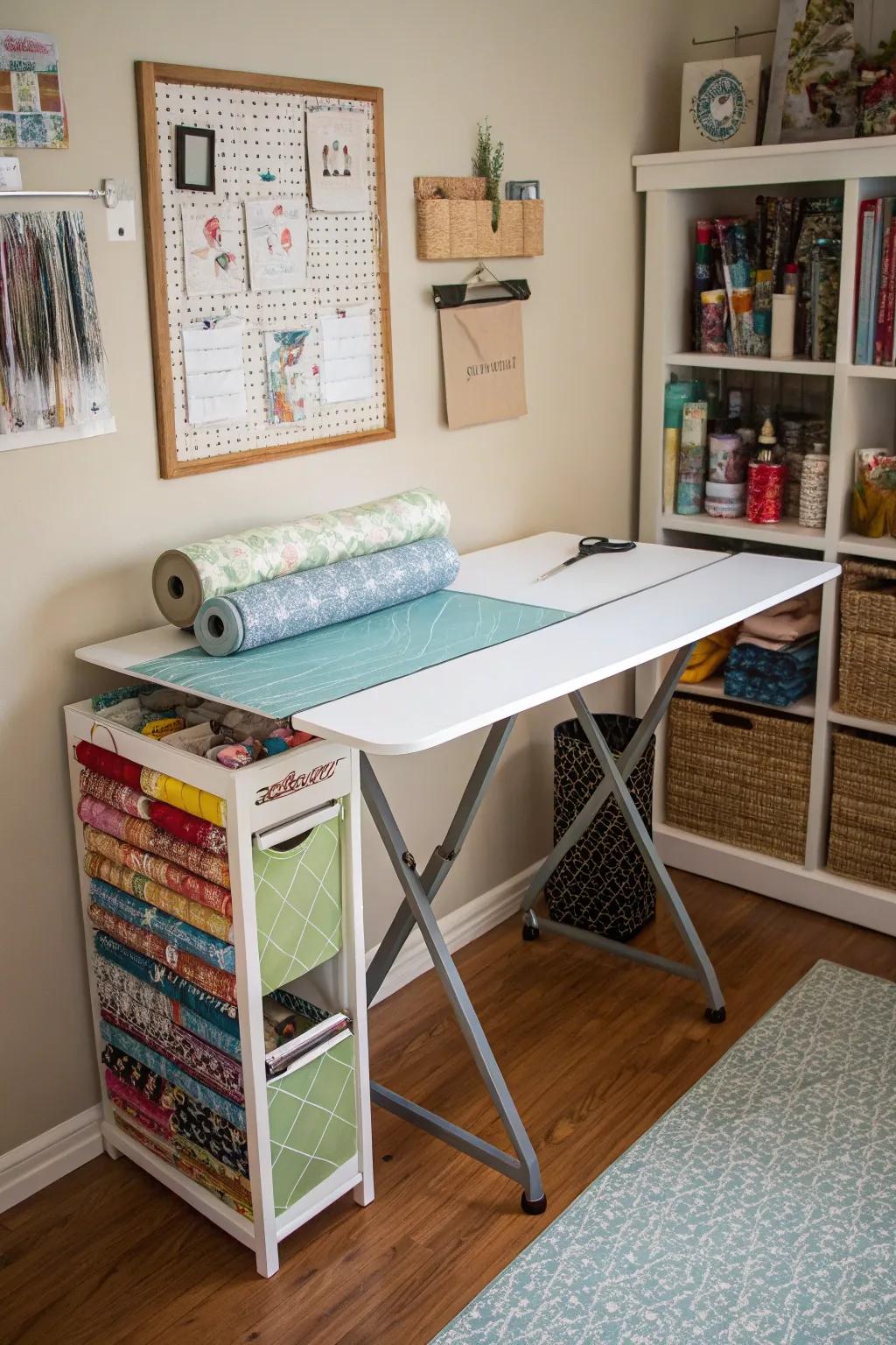 A fold-down table offers flexible workspace.