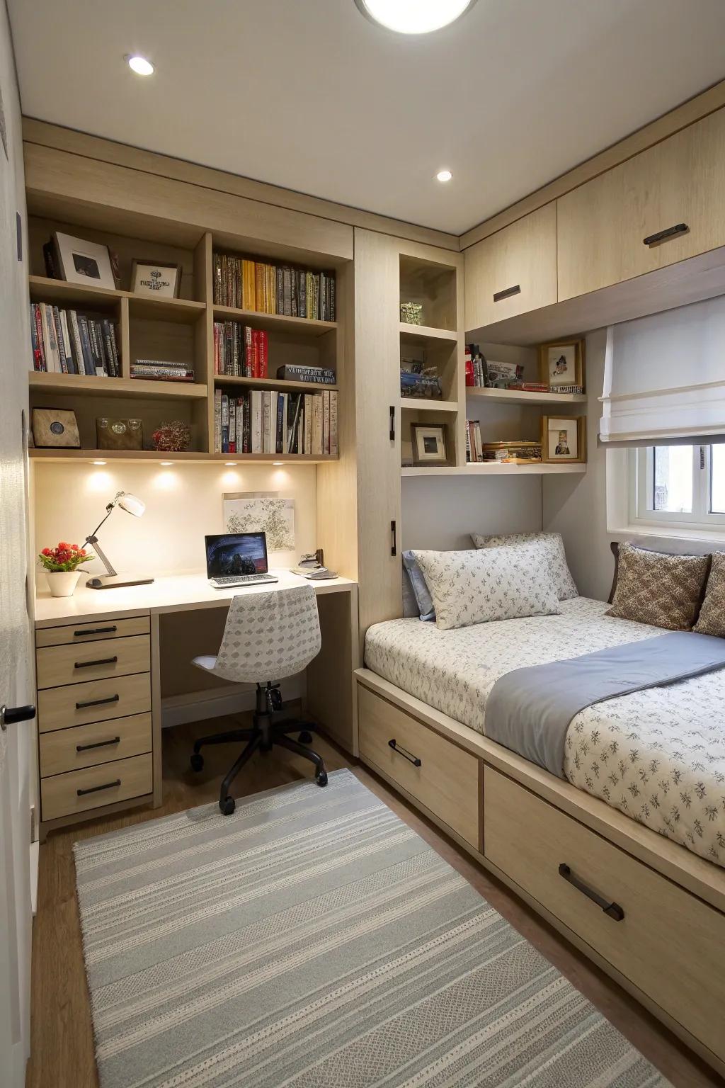 Built-in storage optimizes space in this compact shared bedroom.