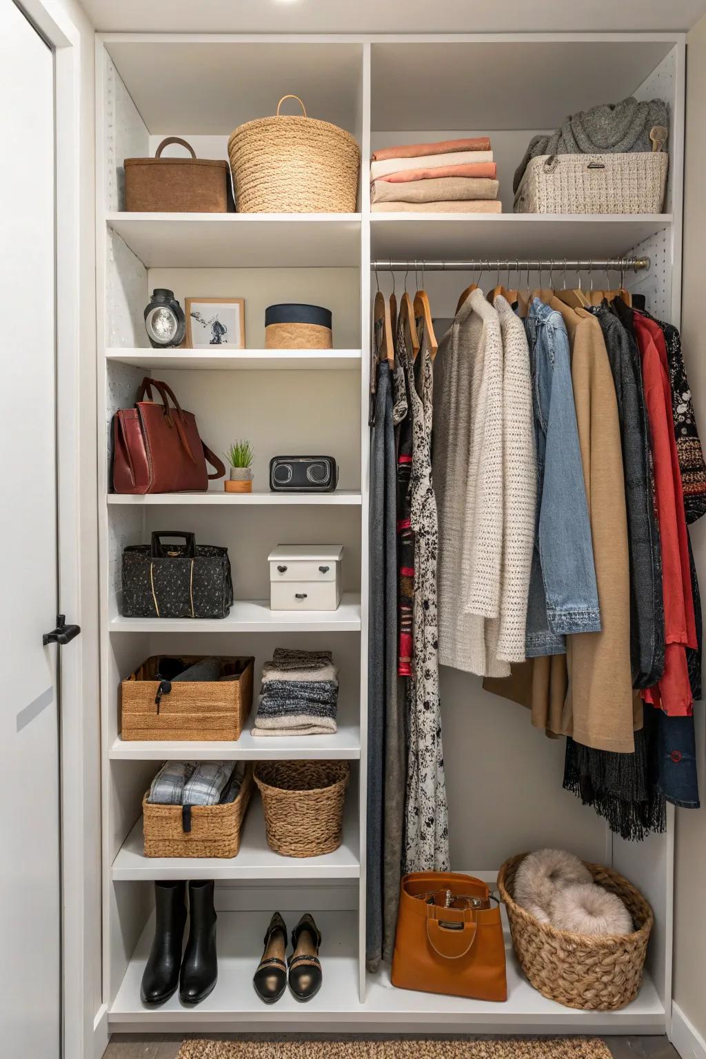 A closet with open shelves, turning everyday items into a part of the decor.