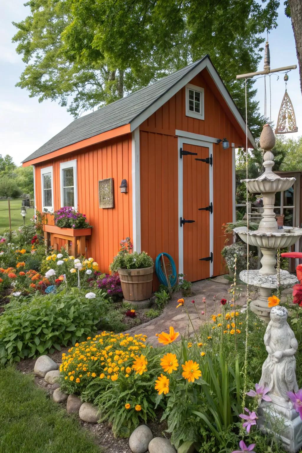 Vibrant orange sheds bring a burst of energy and cheer to any garden.