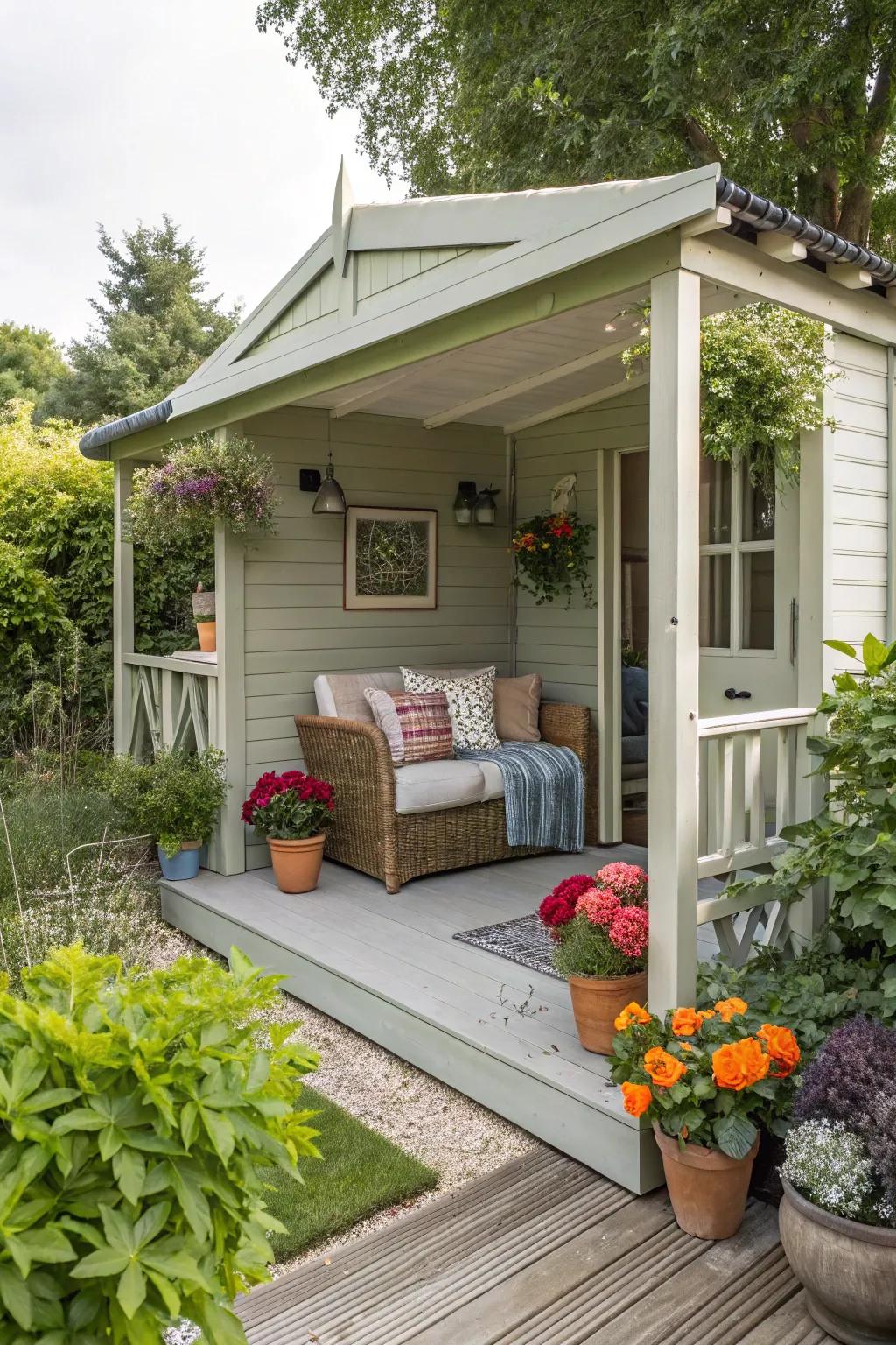 A garden shed with a stylish and inviting porch.