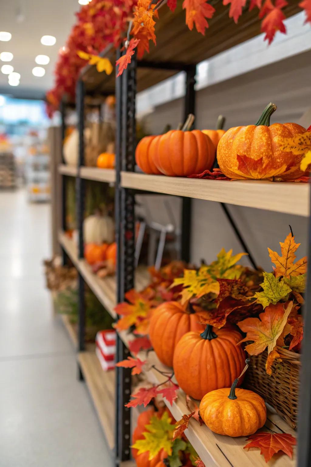 Seasonal elements like pumpkins and leaves keep the shelf fresh.