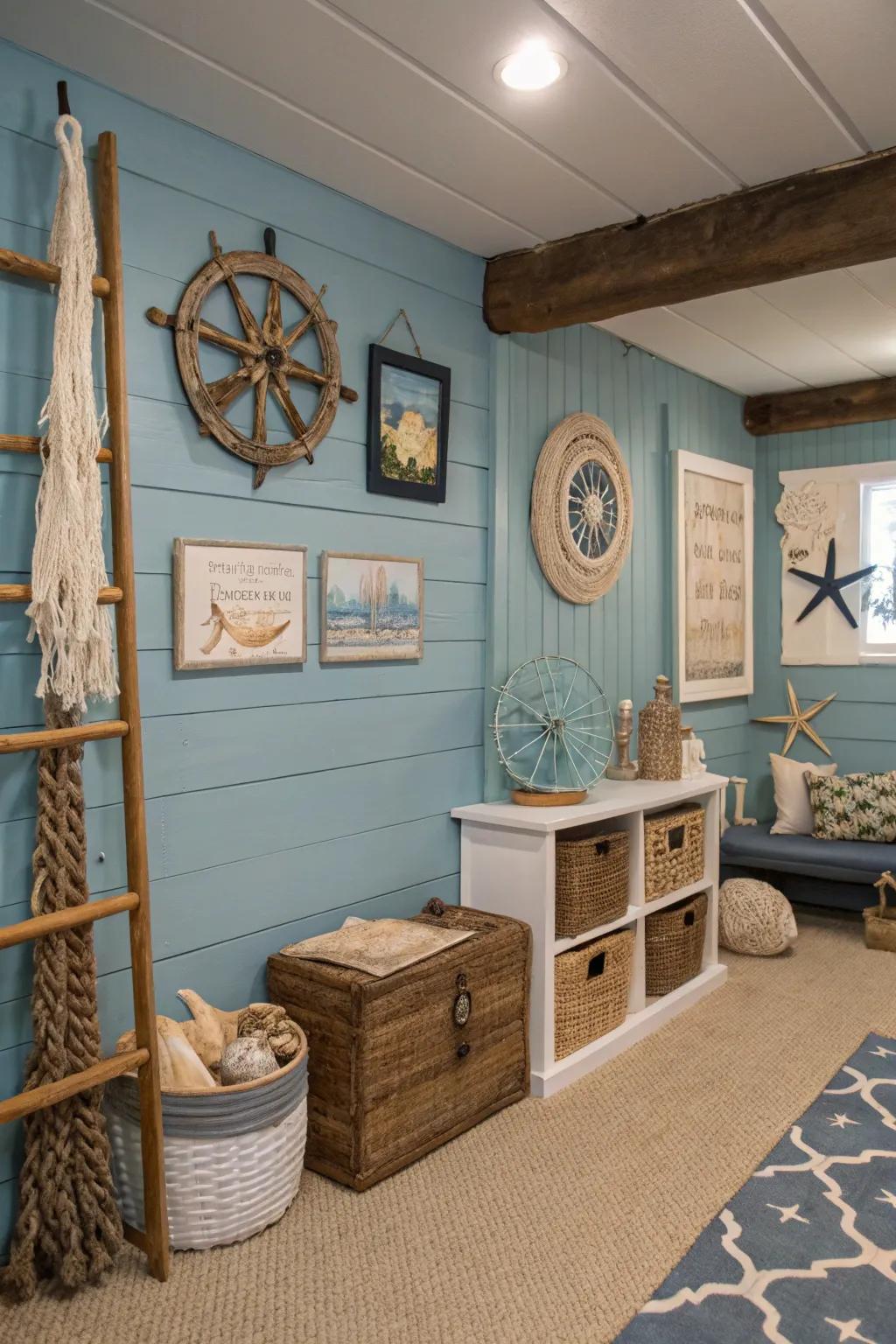 A coastal-inspired basement with blue shiplap walls.