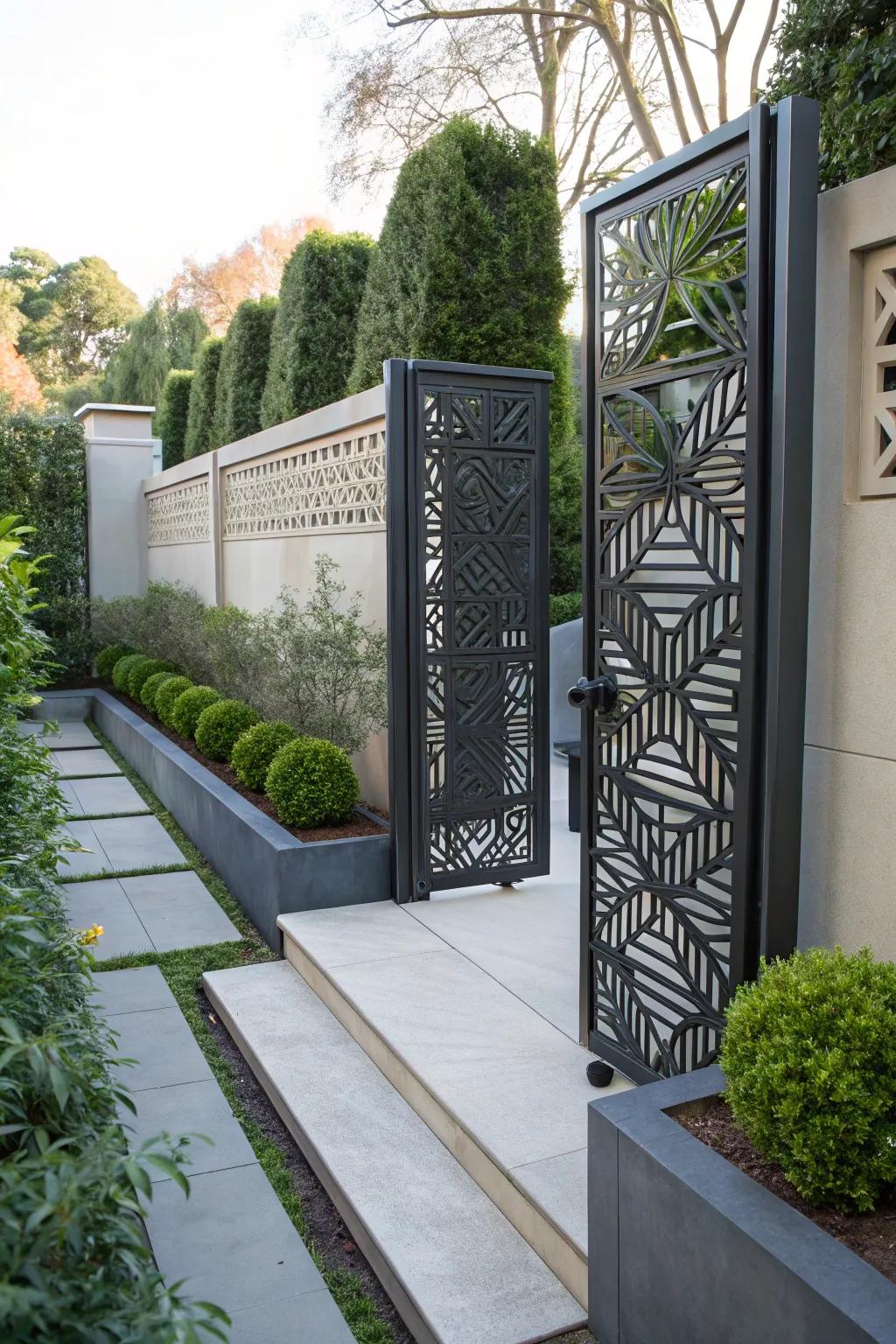 A geometric-patterned gate that acts as an art piece.