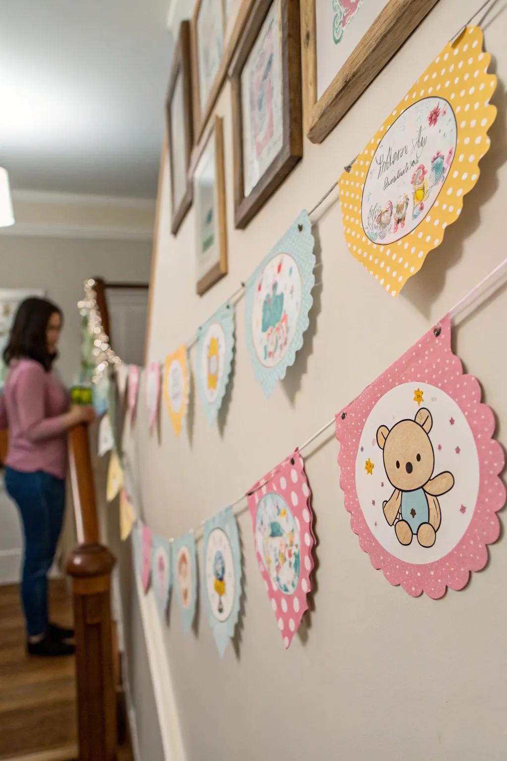 A DIY paper garland with baby-themed cutouts for a personal touch.